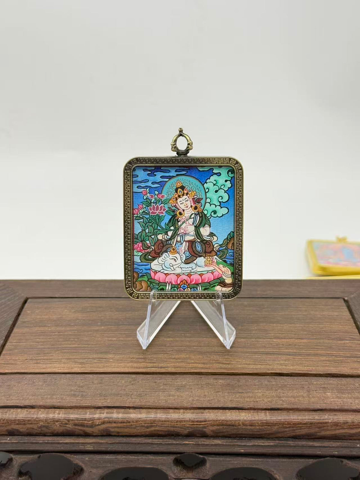 Samantabhadra Mini Regong Thangka Pendant, Hand‑Painted with Natural Himalayan Mineral Pigments