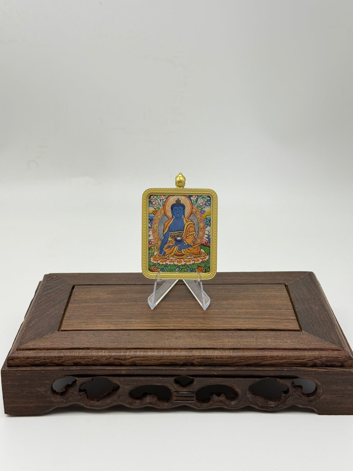 Medicine Buddha Mini Regong Thangka Pendant, Hand‑Painted with Natural Himalayan Mineral Pigments