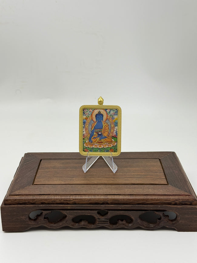Medicine Buddha Mini Regong Thangka Pendant, Hand‑Painted with Natural Himalayan Mineral Pigments Hover Image