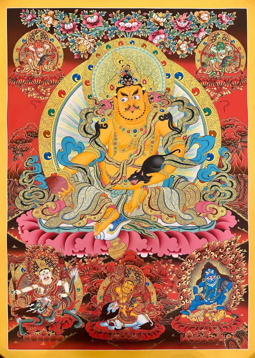 Yellow Jambhala Hand‑Painted Regong Thangka 76×53cm | Natural Mineral Pigments 76x53 cm