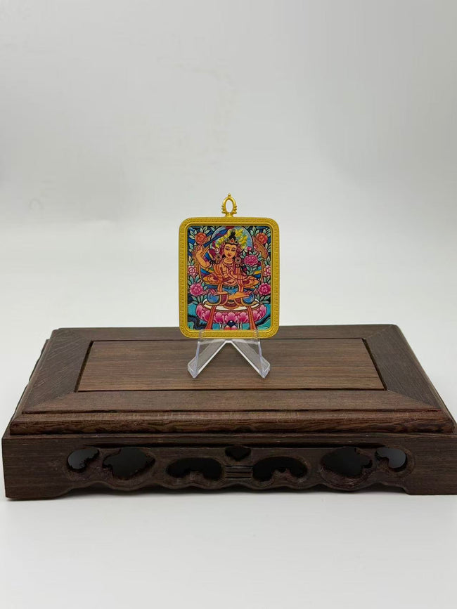 Manjushri Mini Regong Thangka Pendant, Hand‑Painted with Natural Himalayan Mineral Pigments Hover Image
