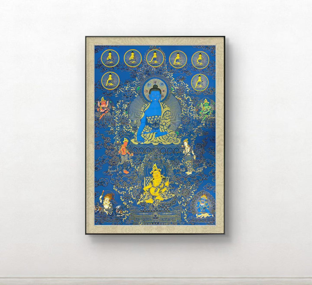 Medicine Buddha (Bhaisajyaguru) Hand‑Painted Regong Thangka 100×70cm | Natural Mineral Pigments 100x70 cm