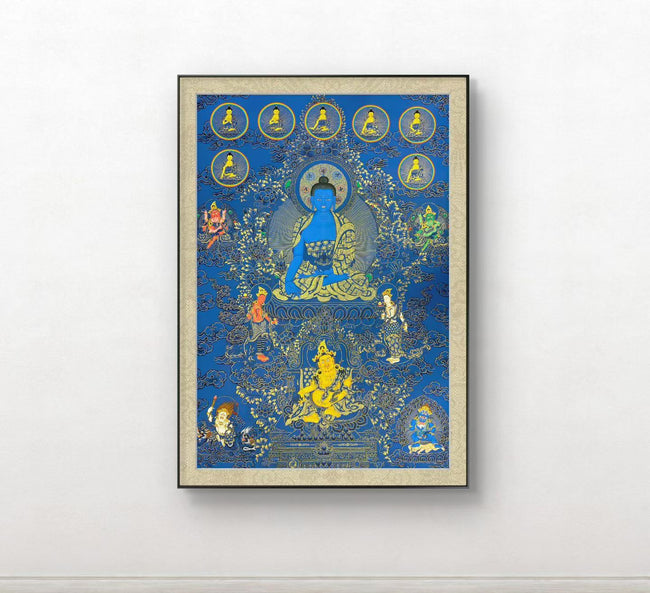 Medicine Buddha (Bhaisajyaguru) Hand‑Painted Regong Thangka 100×70cm | Natural Mineral Pigments 100x70 cm Hover Image