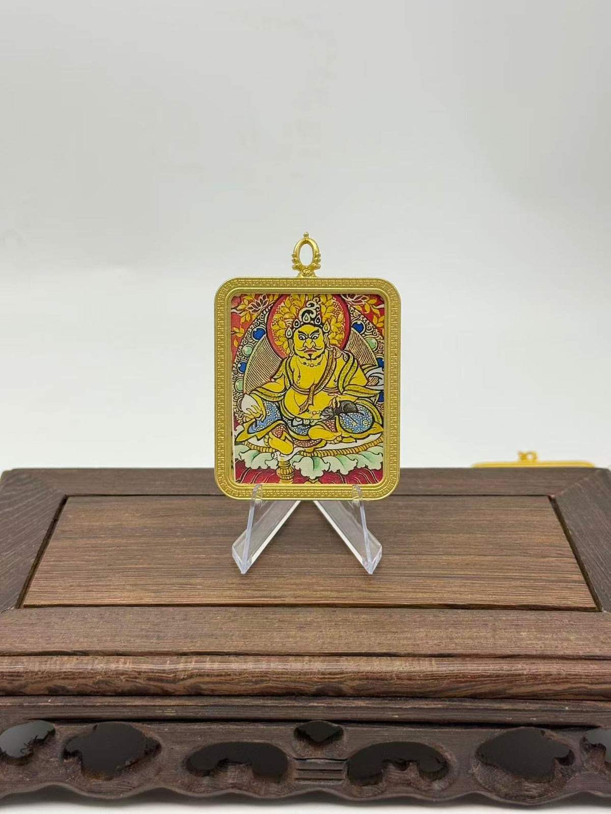 Yellow Jambhala Mini Regong Thangka Pendant, Hand‑Painted with Natural Himalayan Mineral Pigments