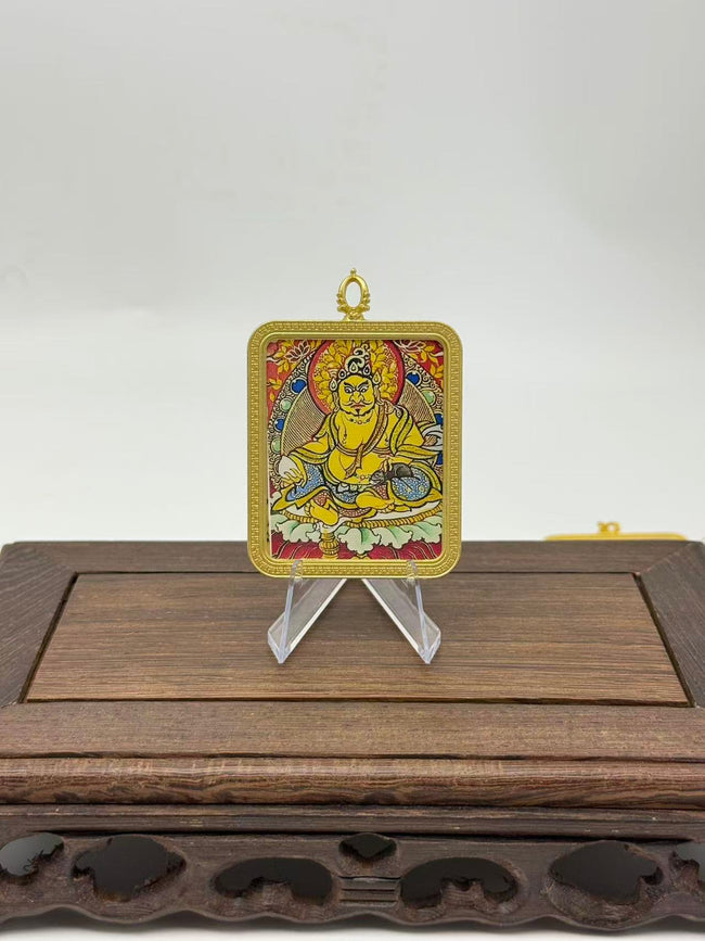 Yellow Jambhala Mini Regong Thangka Pendant, Hand‑Painted with Natural Himalayan Mineral Pigments Hover Image