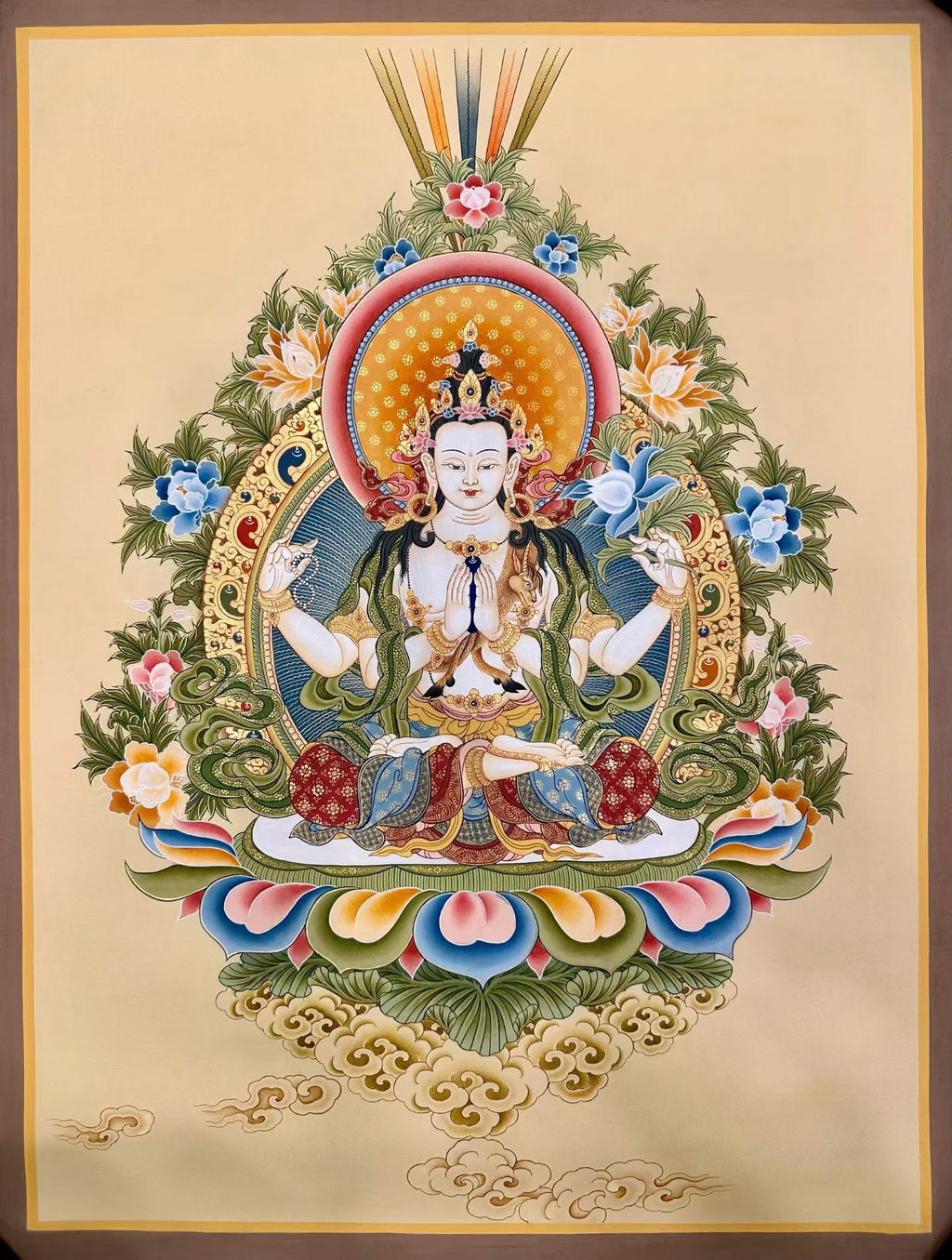 Four‑Armed Chenrezig Hand‑Painted Regong Thangka 60×45cm | Natural Mineral Pigments 60x45 cm