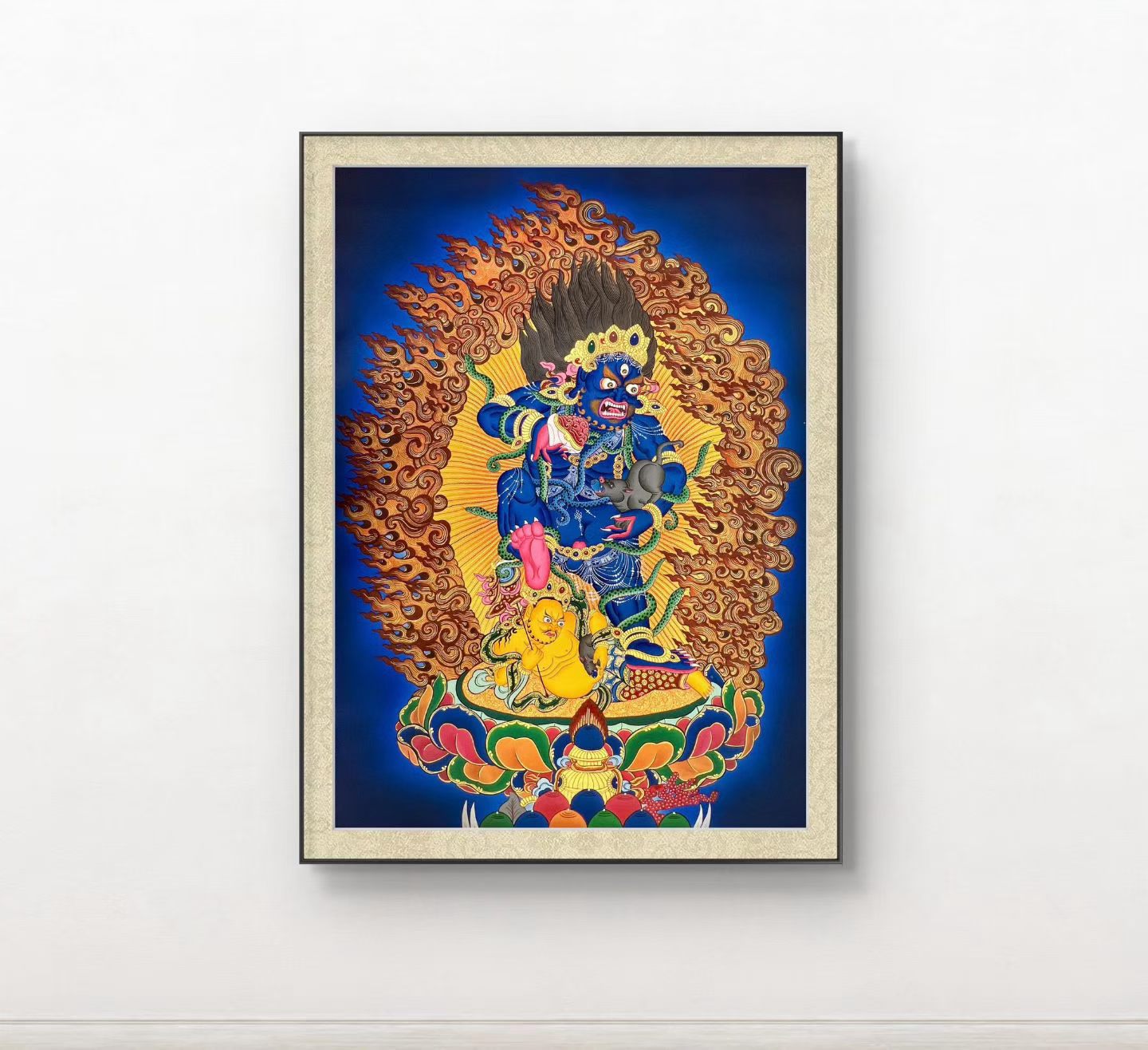 Black Jambhala Hand‑Painted Regong Thangka 76×53cm | Natural Mineral Pigments 76x53 cm
