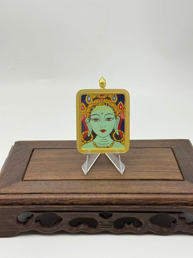 Green Tara Mini Regong Thangka Pendant, Hand‑Painted with Natural Himalayan Mineral Pigments Hover Image