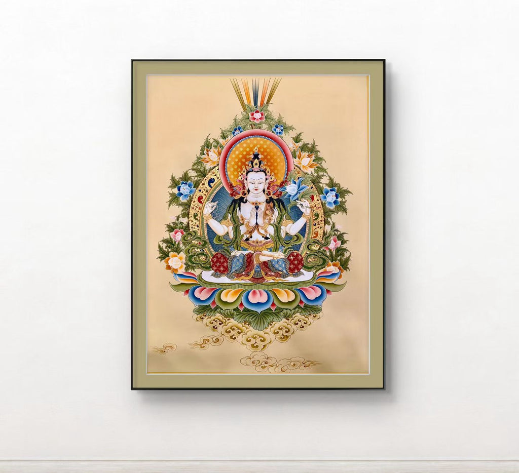 Four‑Armed Chenrezig Hand‑Painted Regong Thangka 60×45cm | Natural Mineral Pigments 60x45 cm