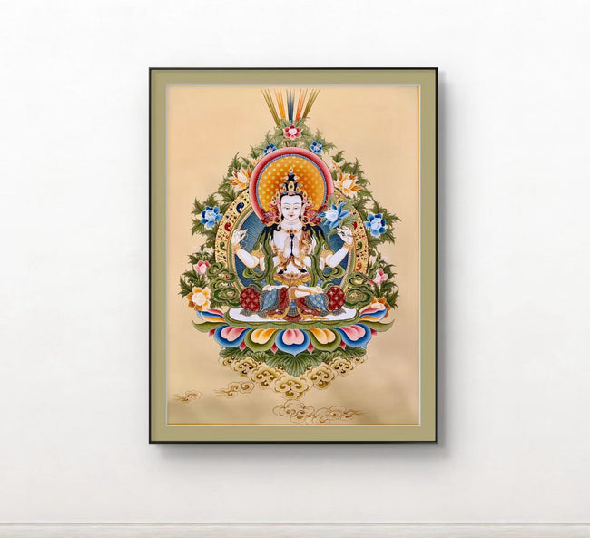 Four‑Armed Chenrezig Hand‑Painted Regong Thangka 60×45cm | Natural Mineral Pigments 60x45 cm Hover Image