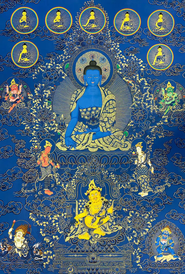 Medicine Buddha (Bhaisajyaguru) Hand‑Painted Regong Thangka 100×70cm | Natural Mineral Pigments 100x70 cm Main Image