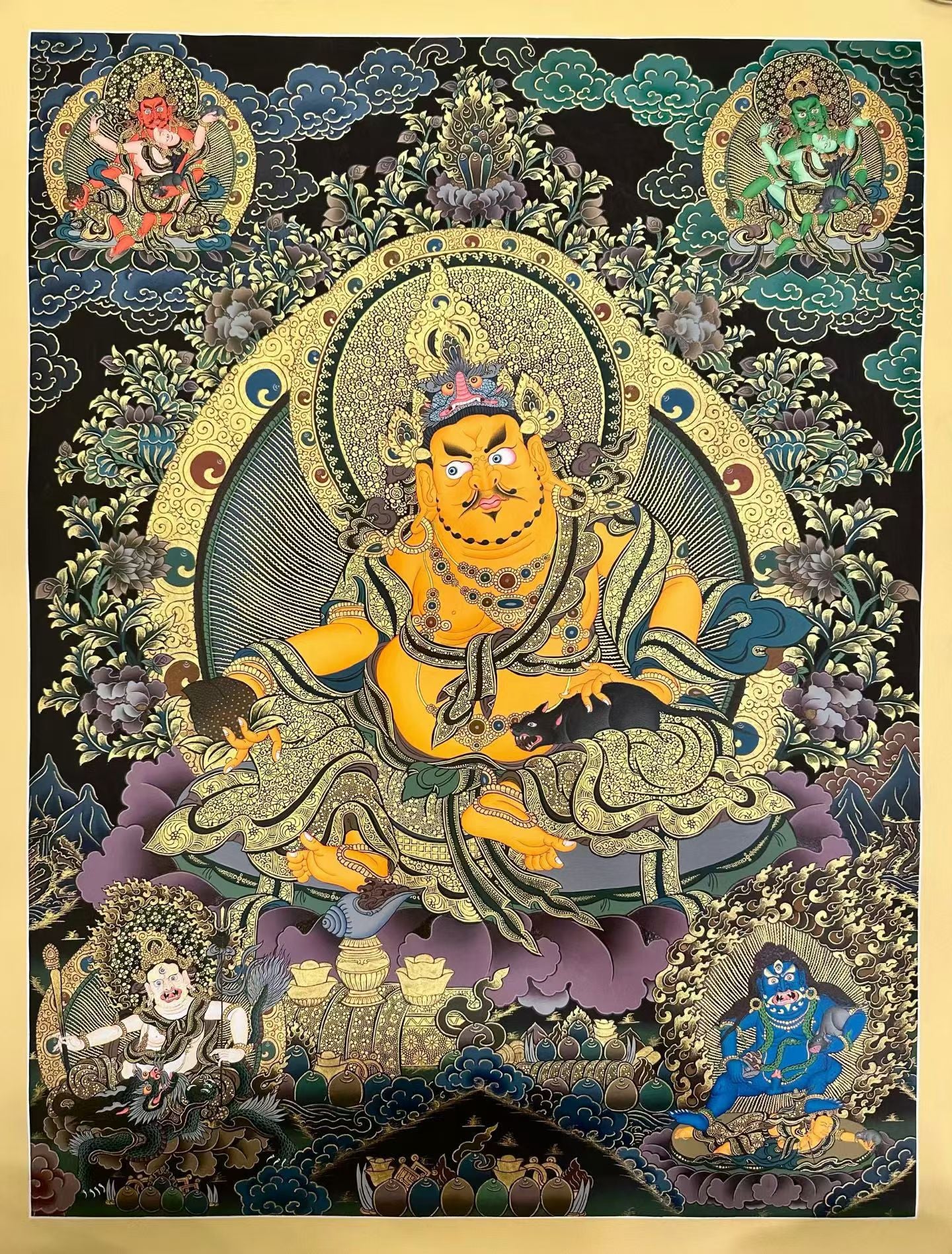 Yellow Jambhala Hand‑Painted Regong Thangka 60×45cm | Natural Mineral Pigments 60x45 cm