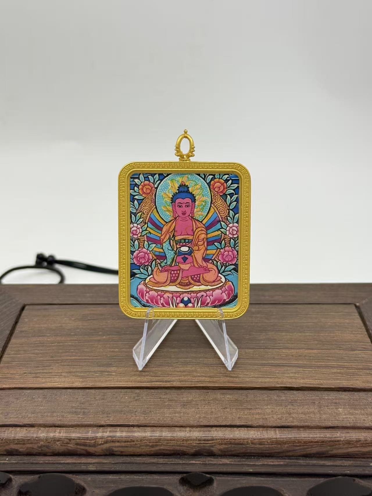 Medicine Buddha Mini Regong Thangka Pendant, Hand‑Painted with Natural Himalayan Mineral Pigments