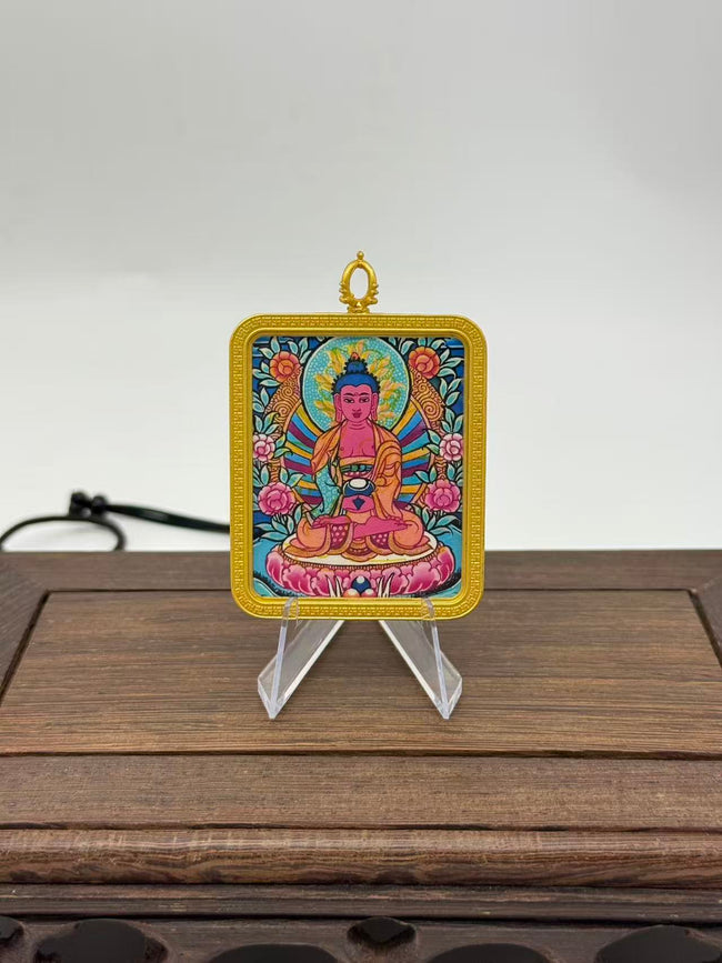 Medicine Buddha Mini Regong Thangka Pendant, Hand‑Painted with Natural Himalayan Mineral Pigments Hover Image